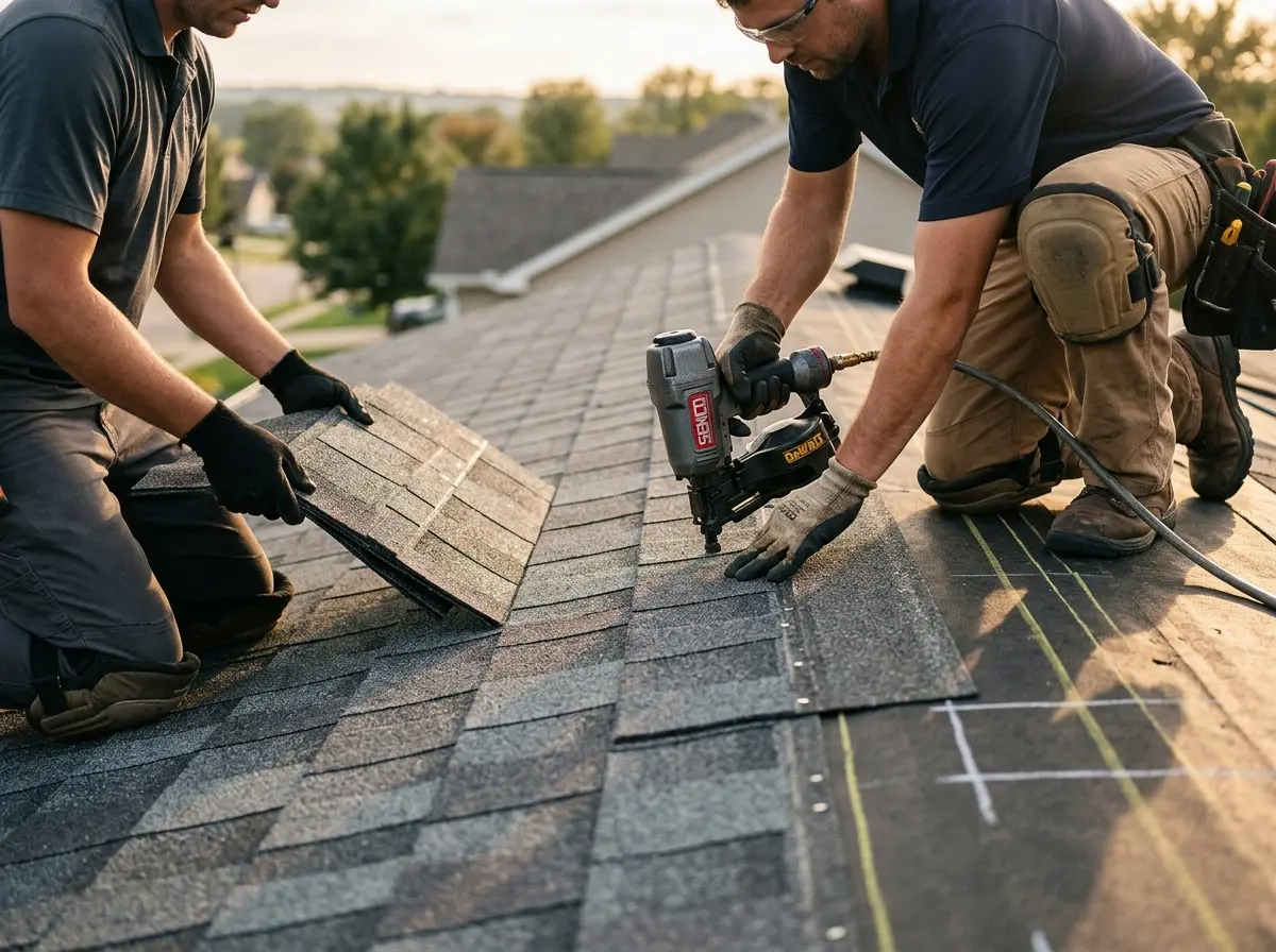 Professional roofer working on a residential roof in Stewartville